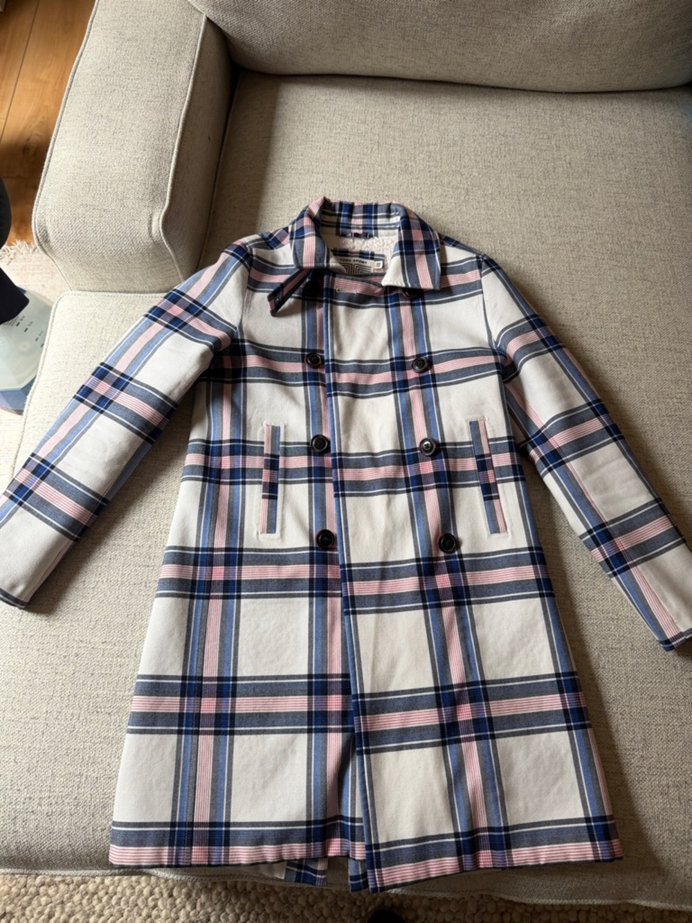 Tory Burch XS  Plaid Double-Breasted Coat - Pink & Navy